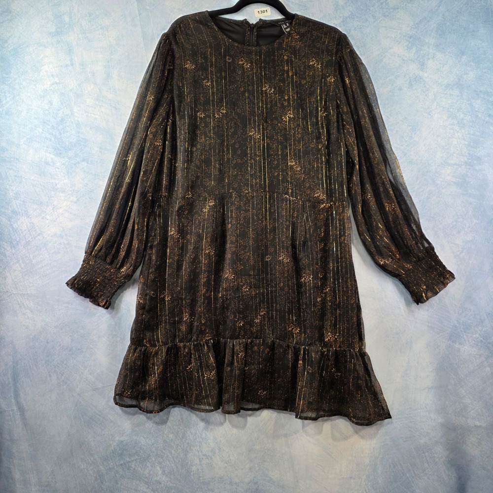 New Look Womens Black Gold Metallic Floral Pinstripe Ruffle Mini Dress Size 14